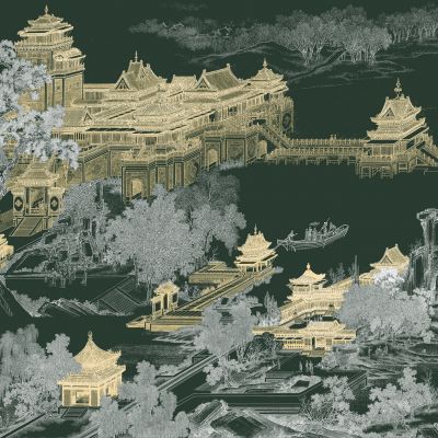 高清新中式亭台楼阁线条肌理背景墙壁画