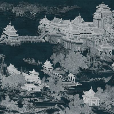 高清新中式亭台楼阁线条肌理背景墙壁画