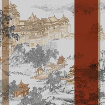 高清新中式亭台楼阁线条肌理背景墙壁画