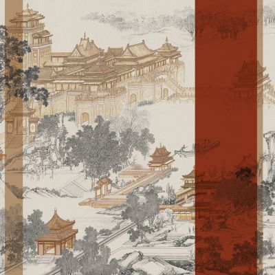 高清新中式亭台楼阁线条肌理背景墙壁画