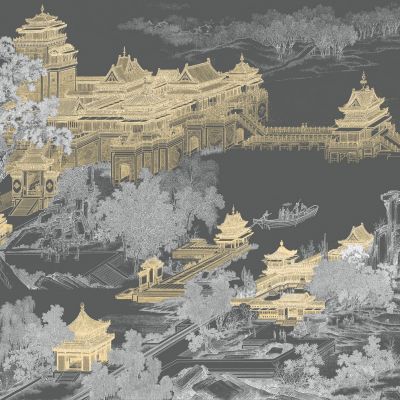 高清新中式亭台楼阁线条肌理背景墙壁画