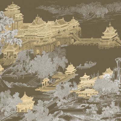高清新中式亭台楼阁线条肌理背景墙壁画