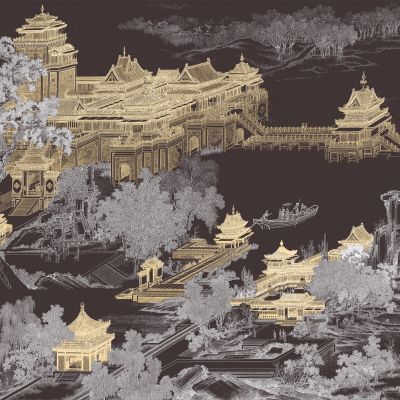 高清新中式亭台楼阁线条肌理背景墙壁画
