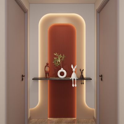 奶油 简约风 造型灯带 长城板 悬浮顶 端景 玄关