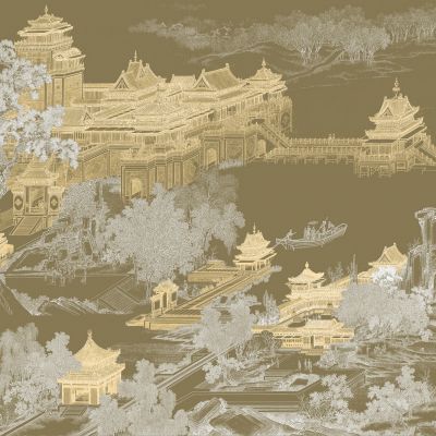 高清新中式亭台楼阁线条肌理背景墙壁画