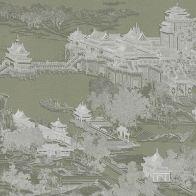 高清新中式亭台楼阁线条肌理背景墙壁画