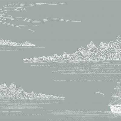 高清新中式亭台楼阁线条肌理背景墙壁画