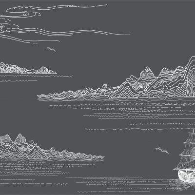 高清新中式亭台楼阁线条肌理背景墙壁画