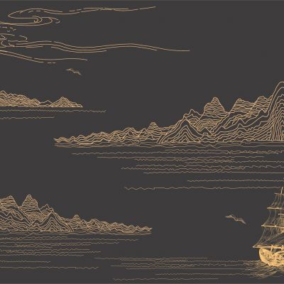 高清新中式亭台楼阁线条肌理背景墙壁画