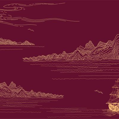 高清新中式亭台楼阁线条肌理背景墙壁画