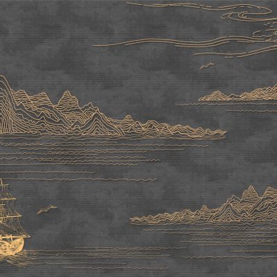 高清新中式亭台楼阁线条肌理背景墙壁画