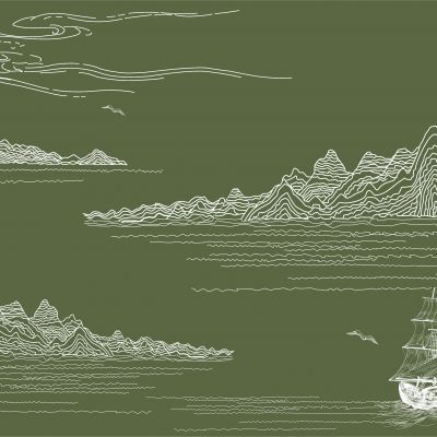 高清新中式亭台楼阁线条肌理背景墙壁画