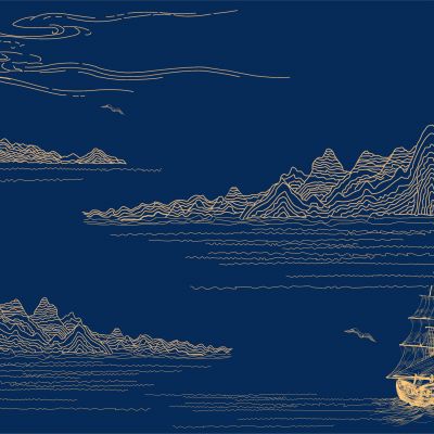 高清新中式亭台楼阁线条肌理背景墙壁画