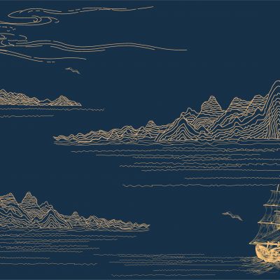 高清新中式亭台楼阁线条肌理背景墙壁画