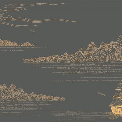 高清新中式亭台楼阁线条肌理背景墙壁画