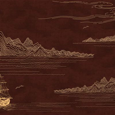 高清新中式亭台楼阁线条肌理背景墙壁画