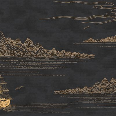 高清新中式亭台楼阁线条肌理背景墙壁画