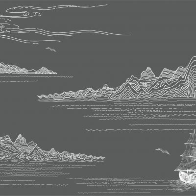 高清新中式亭台楼阁线条肌理背景墙壁画