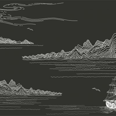 高清新中式亭台楼阁线条肌理背景墙壁画