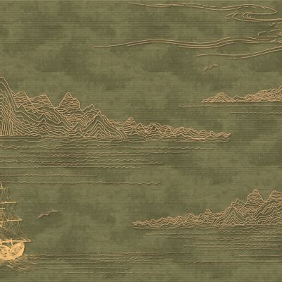 高清新中式亭台楼阁线条肌理背景墙壁画