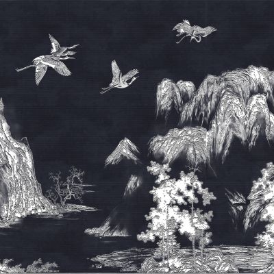 高清新中式亭台楼阁线条肌理背景墙壁画