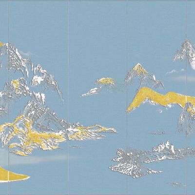 高清新中式亭台楼阁线条肌理背景墙壁画
