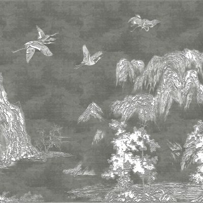 高清新中式亭台楼阁线条肌理背景墙壁画