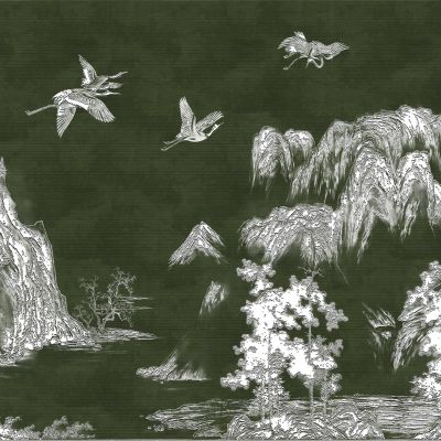 高清新中式亭台楼阁线条肌理背景墙壁画