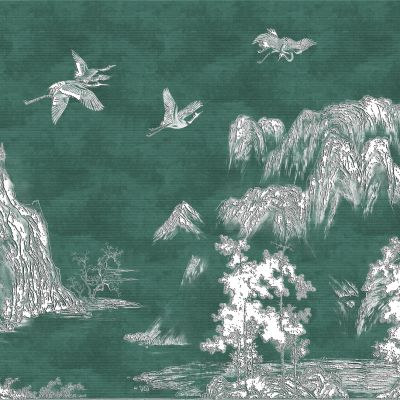 高清新中式亭台楼阁线条肌理背景墙壁画