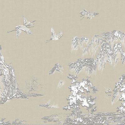 高清新中式亭台楼阁线条肌理背景墙壁画