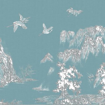 高清新中式亭台楼阁线条肌理背景墙壁画