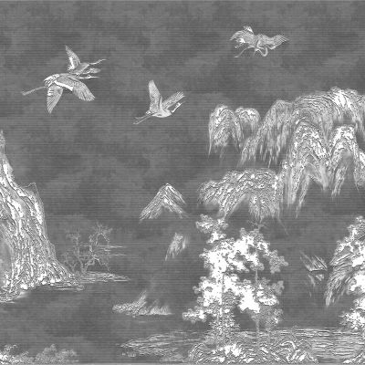 高清新中式亭台楼阁线条肌理背景墙壁画