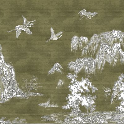 高清新中式亭台楼阁线条肌理背景墙壁画