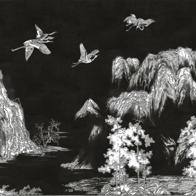 高清新中式亭台楼阁线条肌理背景墙壁画