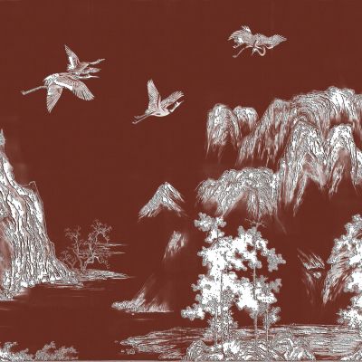 高清新中式亭台楼阁线条肌理背景墙壁画