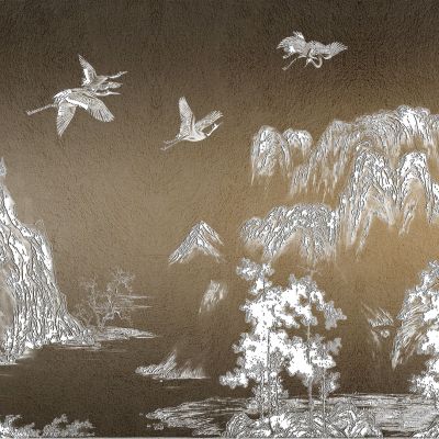 高清新中式亭台楼阁线条肌理背景墙壁画