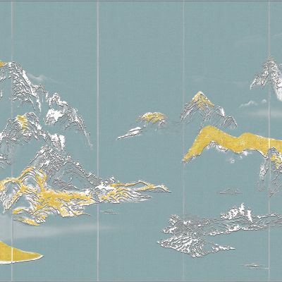 高清新中式亭台楼阁线条肌理背景墙壁画