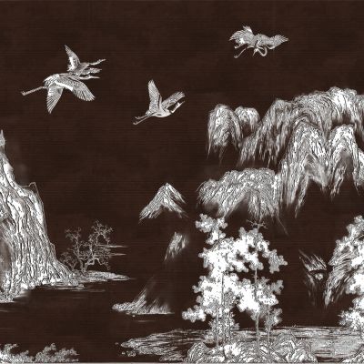 高清新中式亭台楼阁线条肌理背景墙壁画