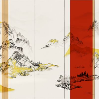 高清新中式亭台楼阁线条肌理背景墙壁画