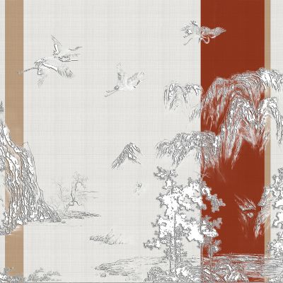 高清新中式亭台楼阁线条肌理背景墙壁画