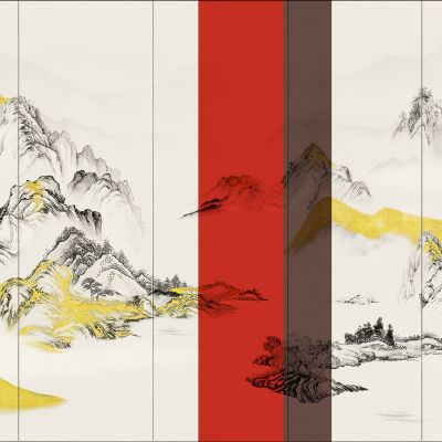 高清新中式亭台楼阁线条肌理背景墙壁画