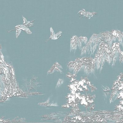 高清新中式亭台楼阁线条肌理背景墙壁画