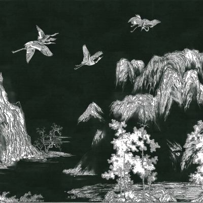 高清新中式亭台楼阁线条肌理背景墙壁画