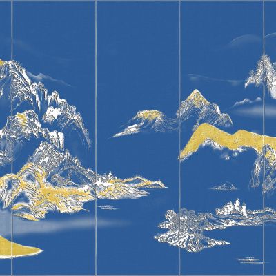 高清新中式亭台楼阁线条肌理背景墙壁画