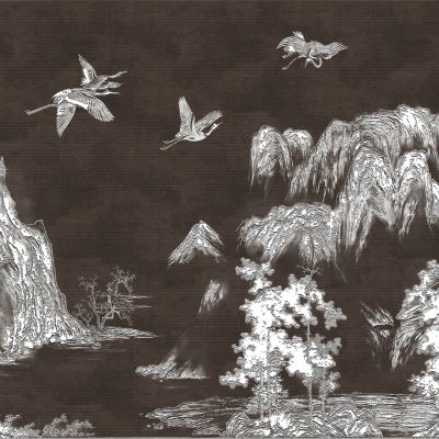 高清新中式亭台楼阁线条肌理背景墙壁画