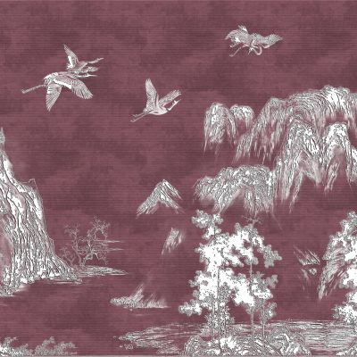 高清新中式亭台楼阁线条肌理背景墙壁画