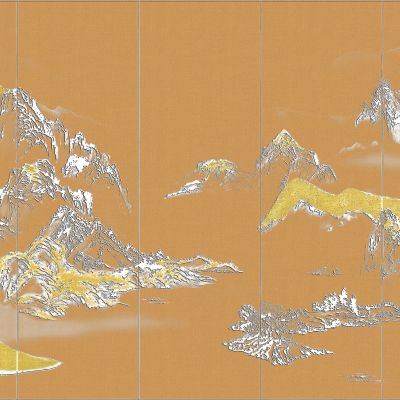 高清新中式亭台楼阁线条肌理背景墙壁画3D贴图