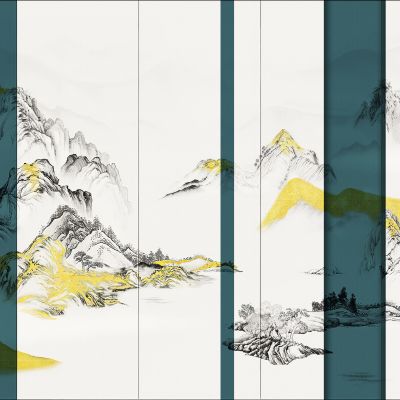 高清新中式亭台楼阁线条肌理背景墙壁画