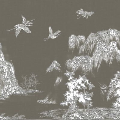 高清新中式亭台楼阁线条肌理背景墙壁画