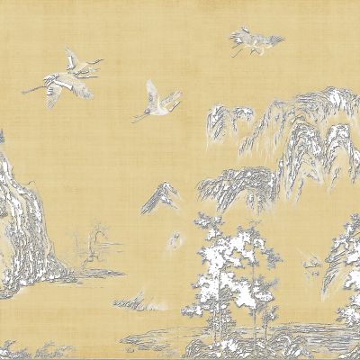 高清新中式亭台楼阁线条肌理背景墙壁画